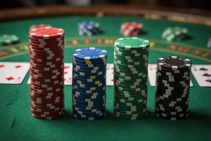 Punaisia, sinisiä, vihreitä ja mustia pelimerkkipinoja vihreällä pokeripöydällä