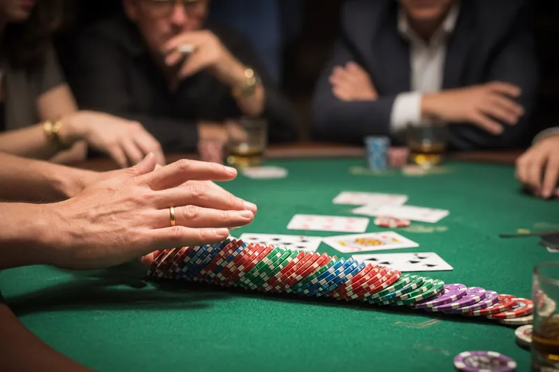 Pelaaja työntää pelimerkkejä pokeripöydällä muiden pelaajien keskellä