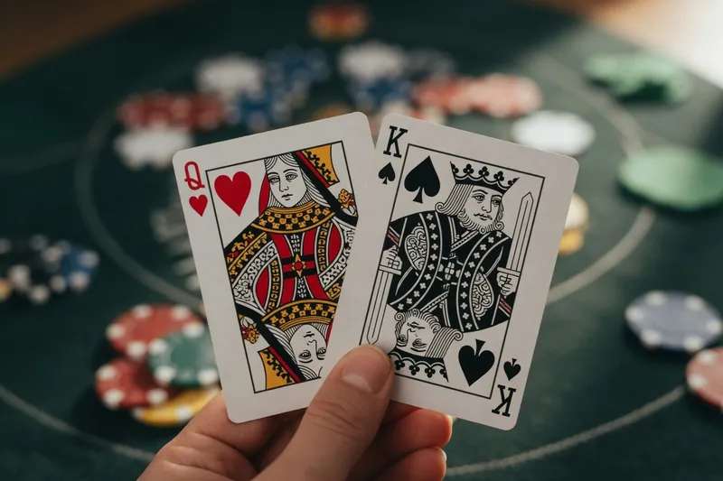 Herttakuningatar ja patakuningas kädessä pokeripöydän yllä