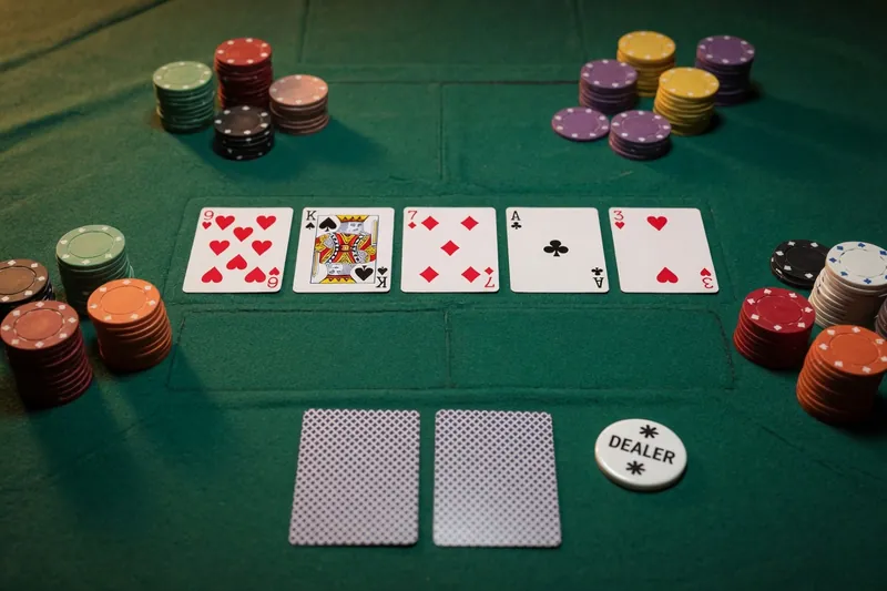 Texas Hold’em -pöytä ylhäältä: viisi yhteistä korttia, pelaajan kaksi omaa korttia ja jakajan nappi